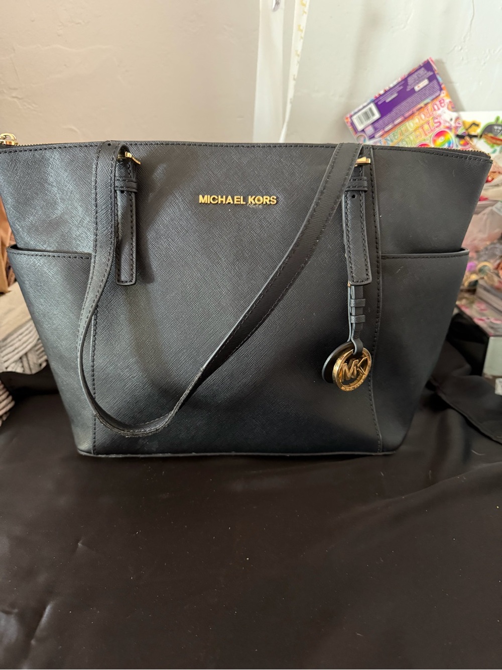 Michael Kors Black Saffiano Leather Shoulder Tote with Gold Hardware